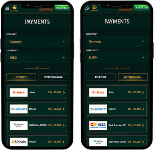 Casinia Mobile App Payment Methods