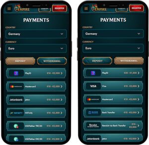 MyEmpire Casino Mobile App Payment Methods