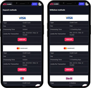 Woo Casino Mobile App Payment Methods