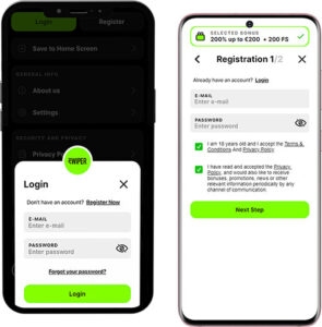 Swiper Mobile App Login and Registration