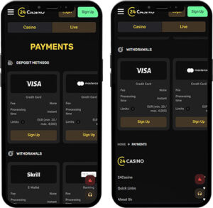 24Casino Mobile App Payment Methods