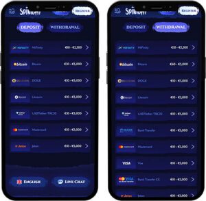 Spinight Mobile App Payment Methods