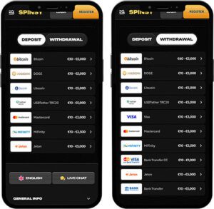 Spinsy Mobile App Payment Methods