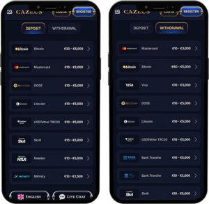 Cazeus Mobile App Payment Methods