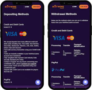 HotWinsCasino Mobile App Payment Methods