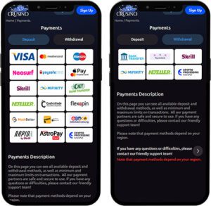 Crusino Mobile App Zahlungsmethoden