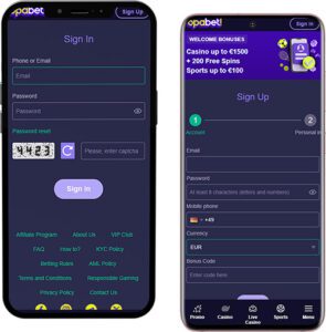 Opabet Mobile App Login and Registration