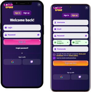 Connexion et inscription à l'application mobile LollySpins