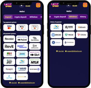 Méthodes de paiement de l'application mobile LollySpins