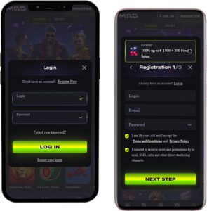 Connexion et inscription à l'application mobile MadCasino
