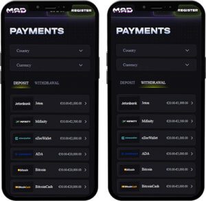 Méthodes de paiement de l'application mobile MadCasino