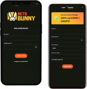 Connexion et inscription à l'application mobile Bets Bunny