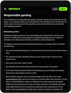 Jogo responsável app móvel Spinit