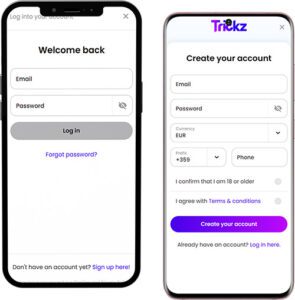 Connexion et inscription de l'application mobile Trickz