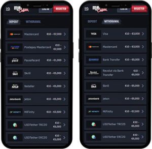 Méthodes de paiement de l'application mobile MafiaCasino