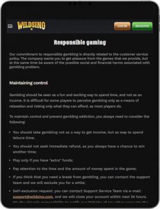 Wildsino Mobile App Responsible Gaming
