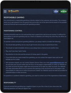 Betwarts Mobile App Responsible Gaming