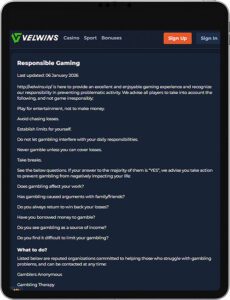 Velwins Mobile App Responsible Gaming