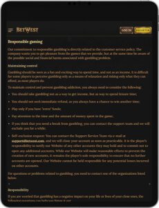 BetWest Mobile App Responsible Gaming