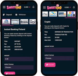 Sweetsino Casino Mobile App Payment Methods
