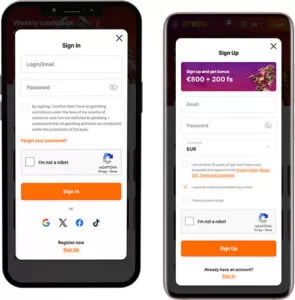 Login e registo na aplicação móvel Hit'n'Spin