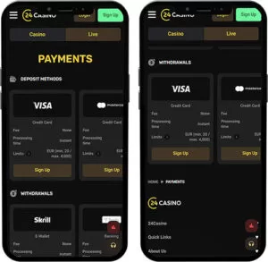 Méthodes de paiement de l'application mobile 24Casino