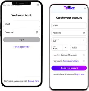 Login e registrazione dell'app mobile Trickz