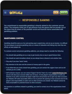 WinGaga Mobile App Responsible Gaming